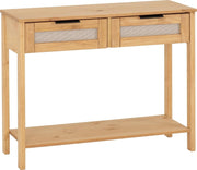 Rustic Pine Console Table 90x35x73cm with Rattan Drawers & Shelf