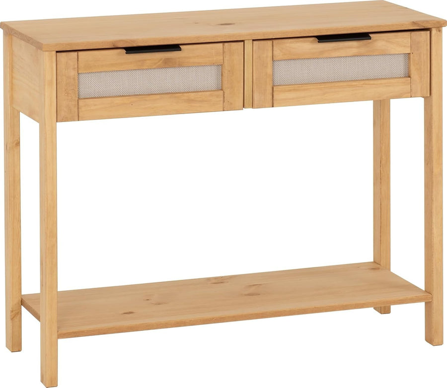 Rustic Pine Console Table 90x35x73cm with Rattan Drawers & Shelf