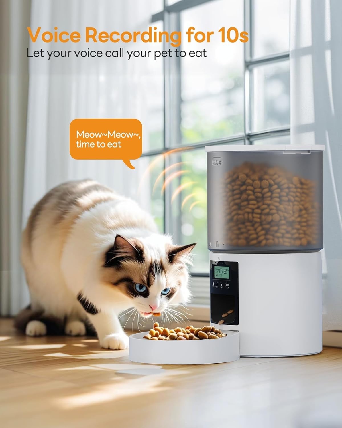 Automatic Cat Feeder 4L Timer Food Dispenser 6 Meal Voice Recorder White