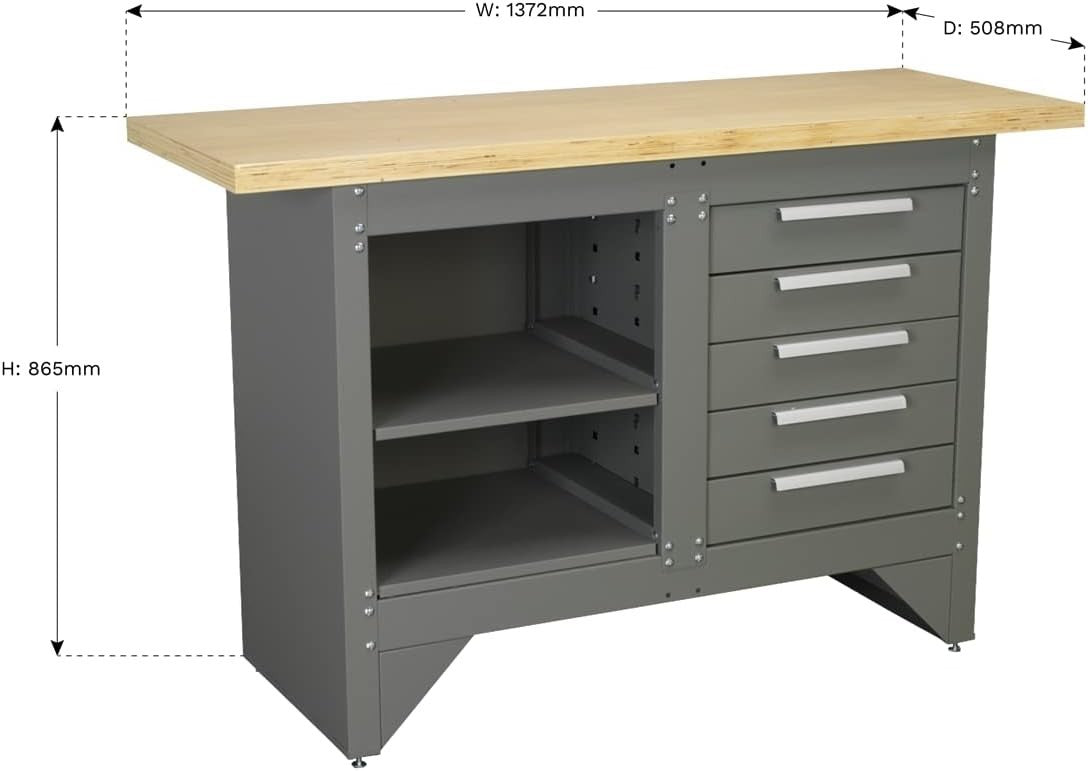 Heavy Duty Workbench 5 Drawer 1372x508mm Ball Bearing Runners 250kg