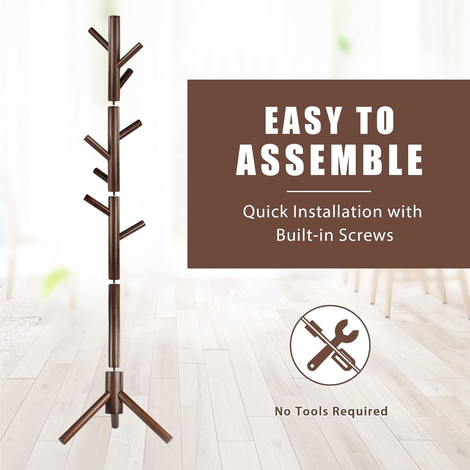 Wooden Coat Rack Stand with 8 Hooks Adjustable Pine Hallway Clothes Tree