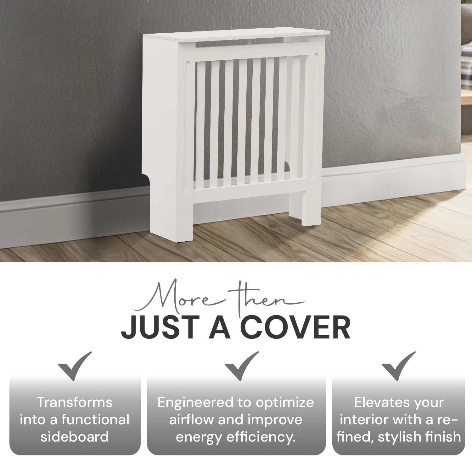 Small Radiator Cover White Slat MDF Compact Heater Cabinet Shelf Space Saving