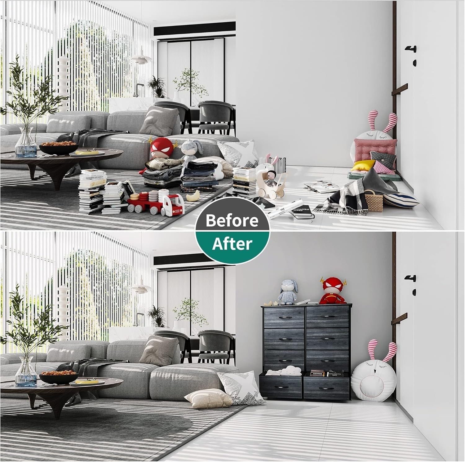 8-Drawer Fabric Dresser Chest | Charcoal Black Wood Grain | Bedroom Storage