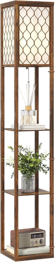 Floor Lamp with Shelves Tall Standing Light Fabric Shade Rustic Storage Unit