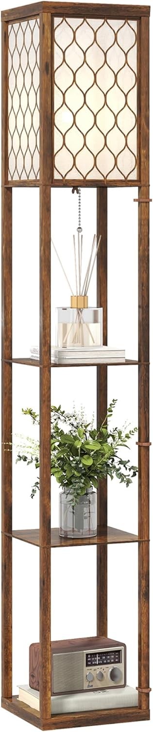 Floor Lamp with Shelves Tall Standing Light Fabric Shade Rustic Storage Unit