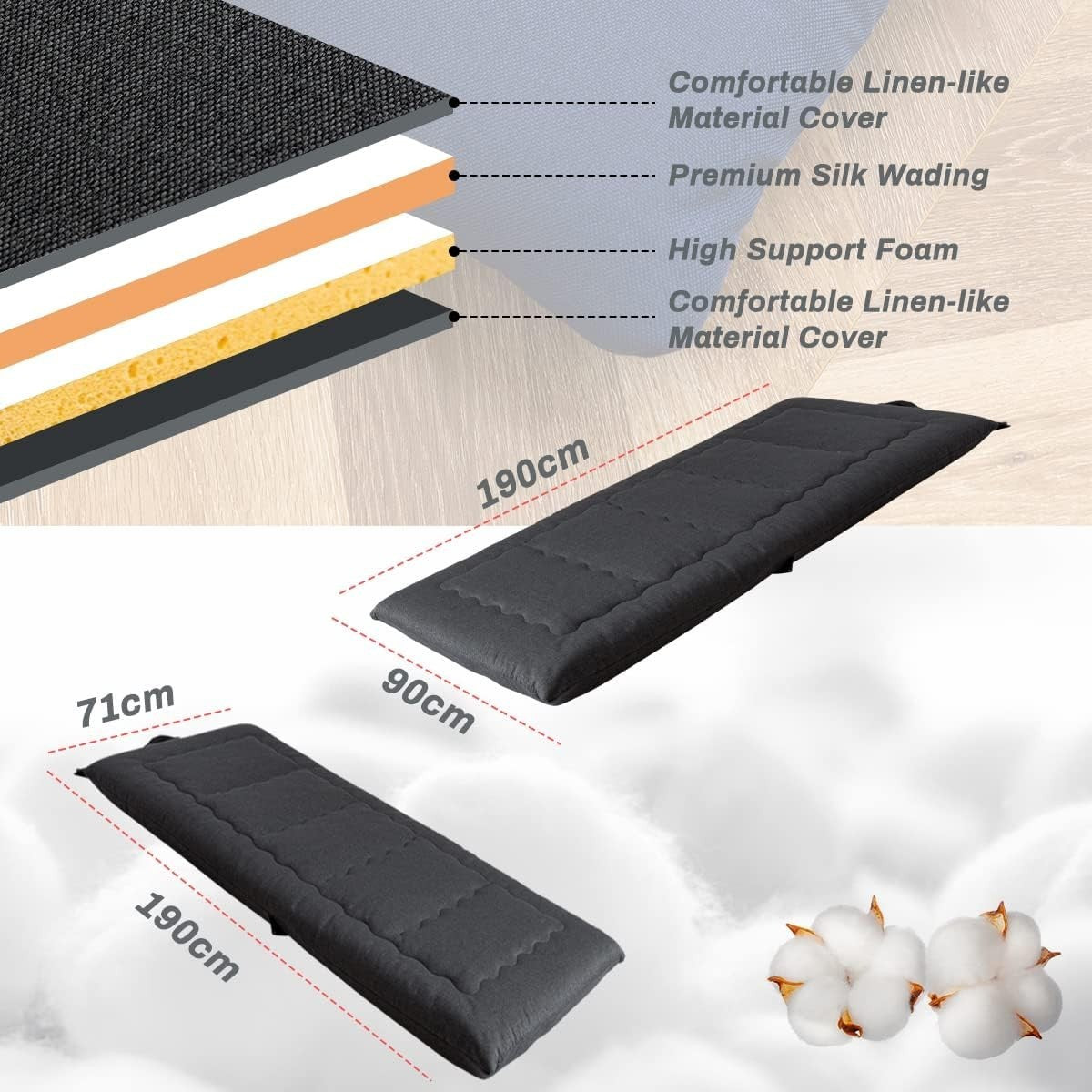 Foldable Futon Bed Roll Mat Zipper Handle Foam Pad Grey Travel Mattress