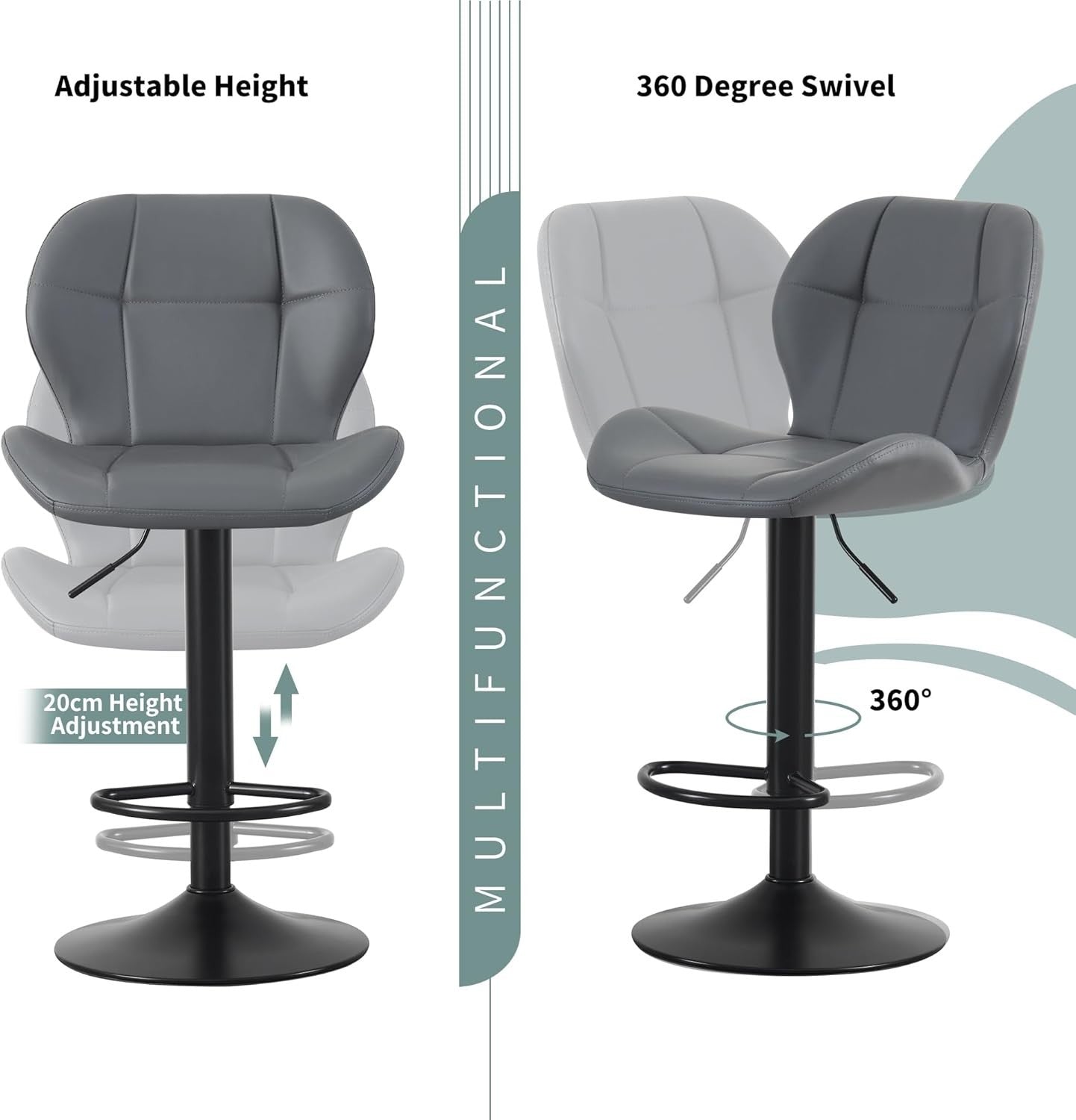 Grey Adjustable PU Leather Bar Stools Set of 2 – Swivel & Height Adjustable