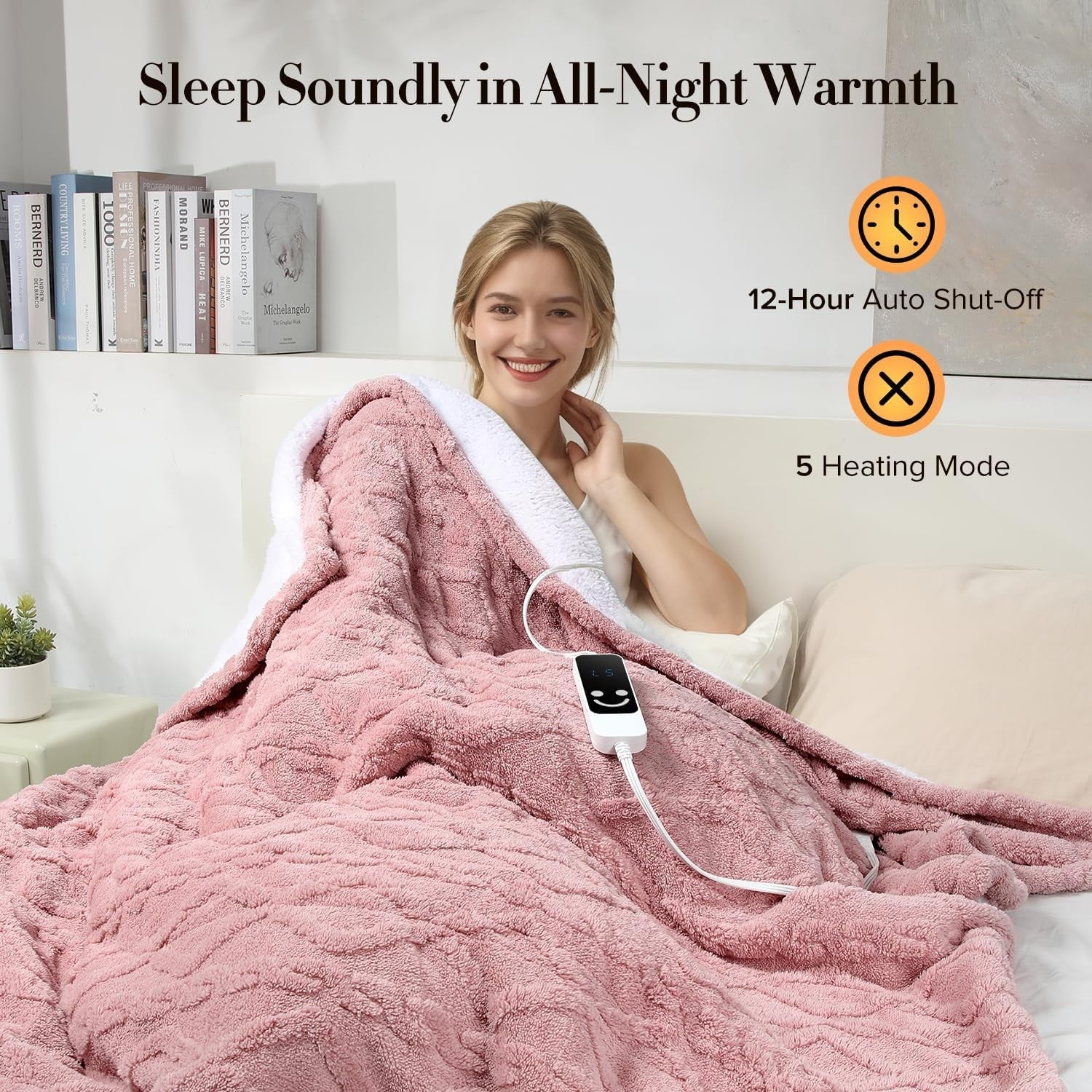 Electric Heated Throw Blanket Pink Sherpa Fleece 5 Heat Levels Auto Off 127x152c