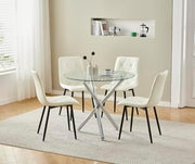 Modern 5-Piece Round Glass Dining Table Set with 4 White PU Chairs