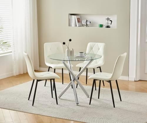 Modern 5-Piece Round Glass Dining Table Set with 4 White PU Chairs