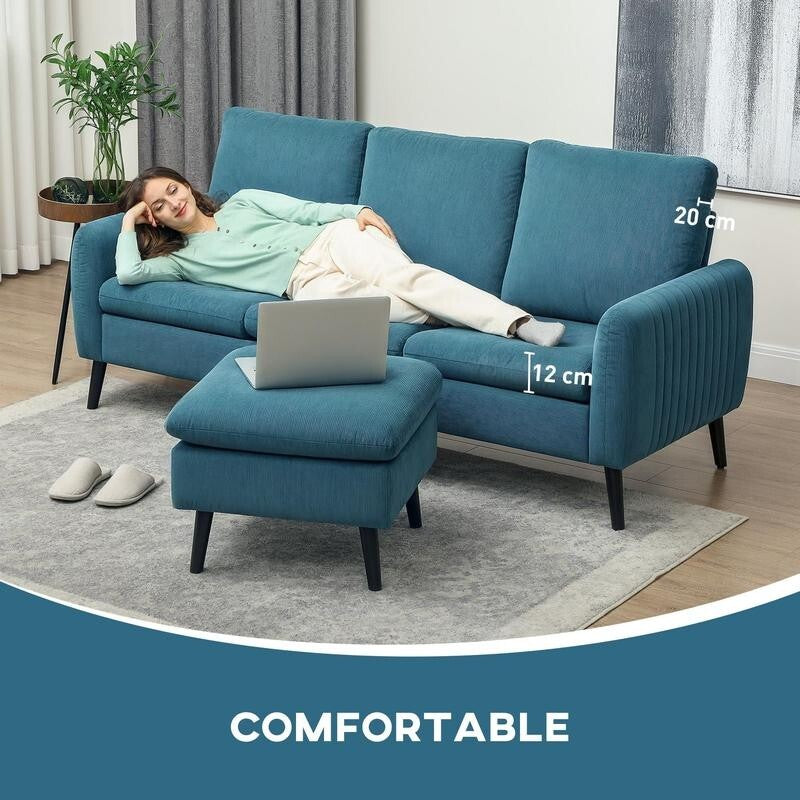 3 Seater Corduroy Sofa w/ Chaise Lounge L Shape Couch Reversible Blue