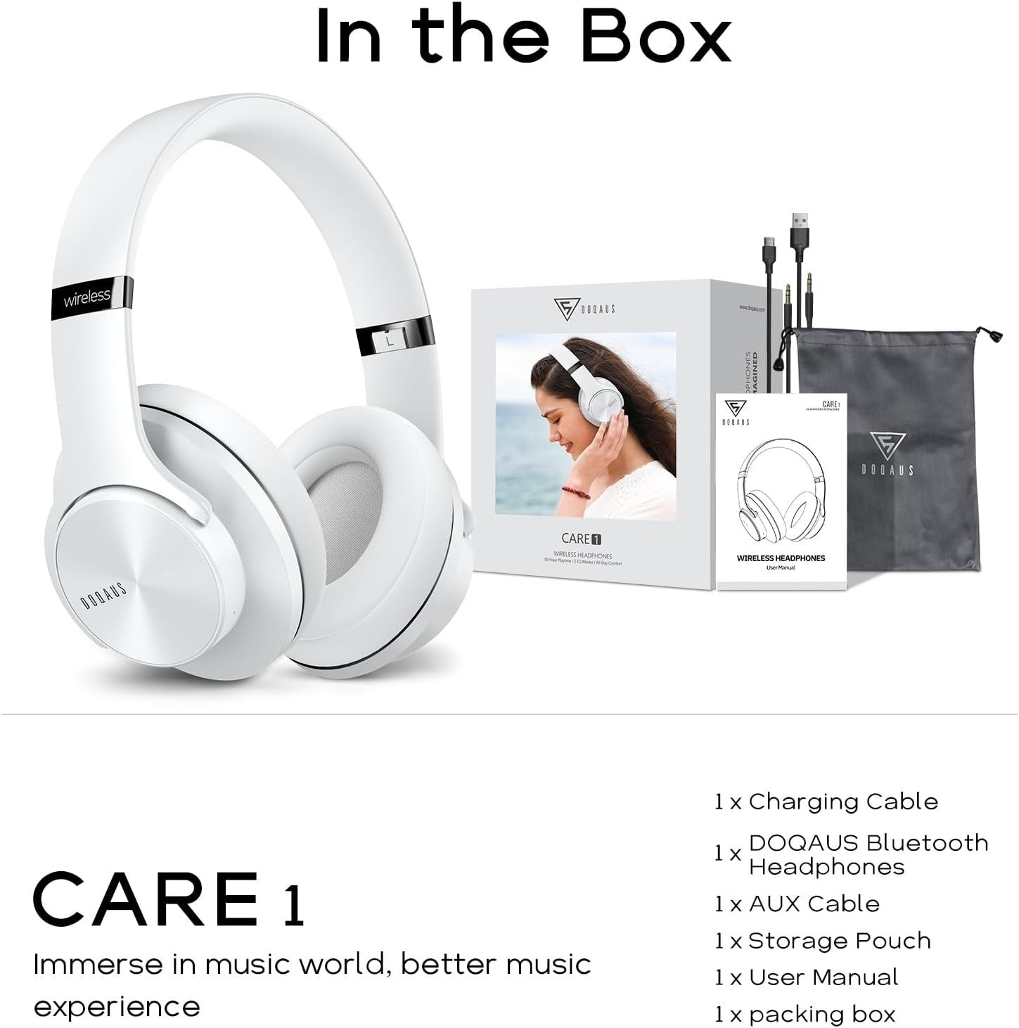White Bluetooth 5.3 Headphones Over Ear 90H Playtime 3 EQ Hi-Fi Sound