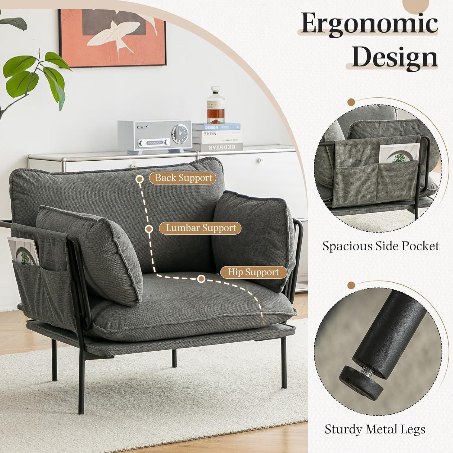 Modern Grey Upholstered Accent Armchair with Metal Frame – Cozy Lounge