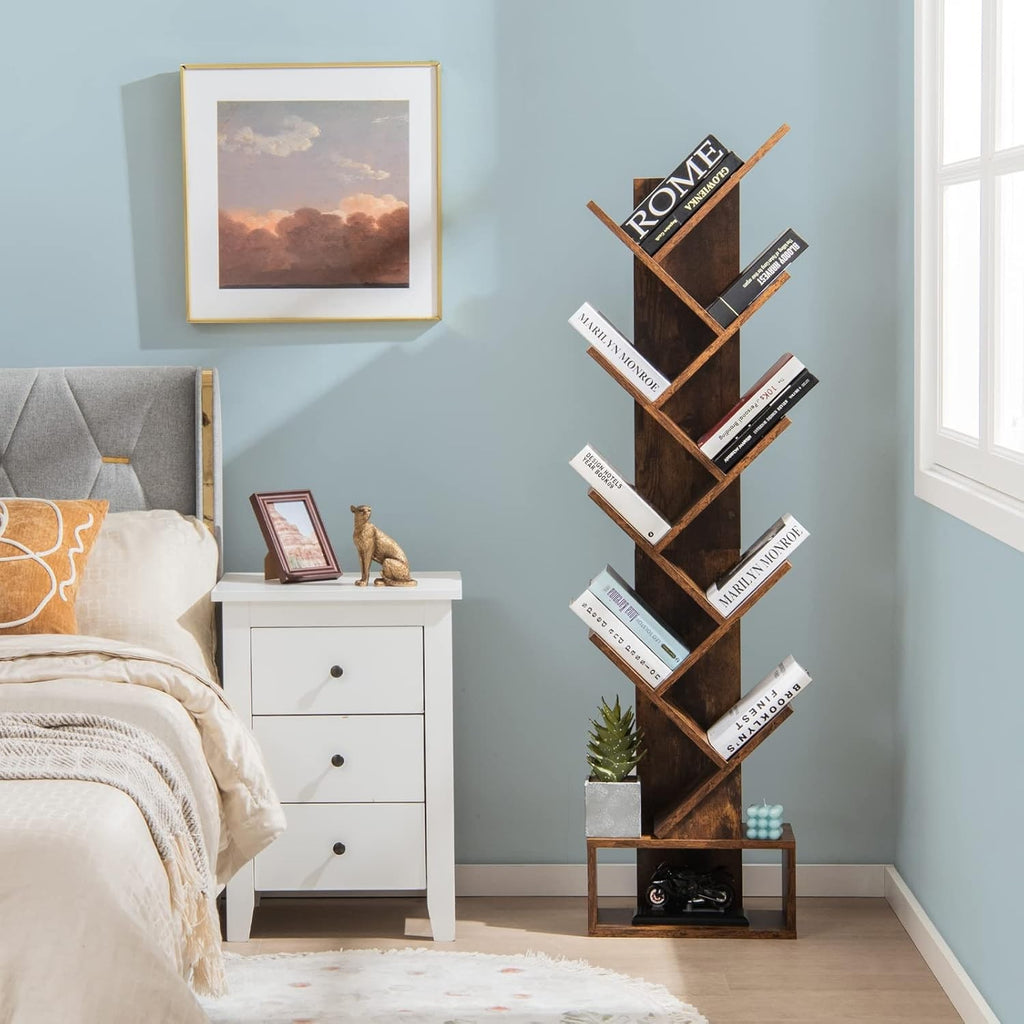 10 Tier Tree Bookshelf Tall Wooden Display Rack Freestanding Storage Unit Brown