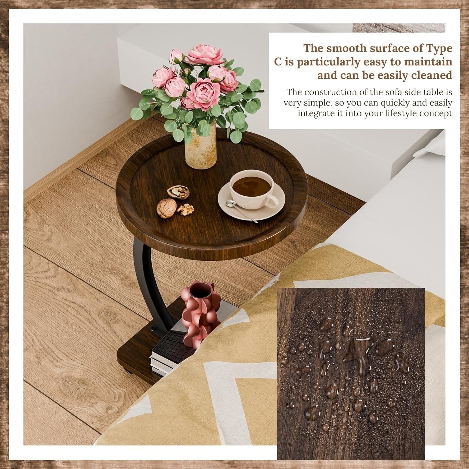 2-Tier C-Shaped Side Table with Casters Modern Small Sofa Bed Tray Table