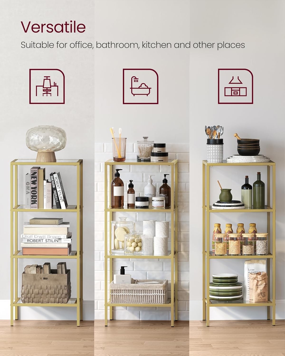 Modern 4-Tier Gold Glass Shelf Unit | Luxury Display Rack Storage for Home Offic
