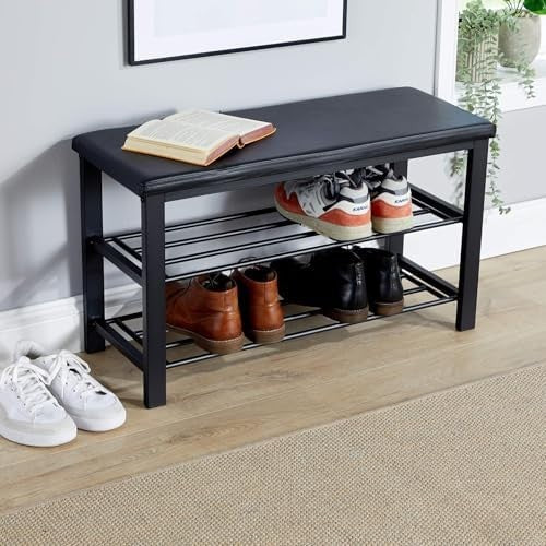 Black Shoe Storage Bench with PU Cushion & 2 Shelves – Metal Hallway Unit