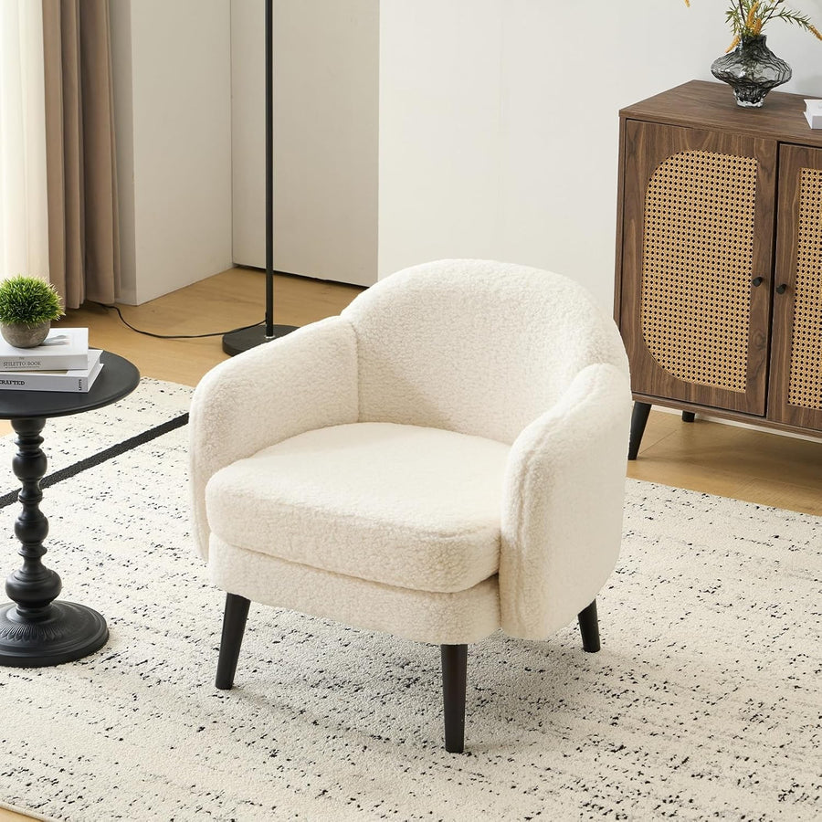 Modern Teddy Fleece Accent Armchair Wide Track Arms Wood Legs White