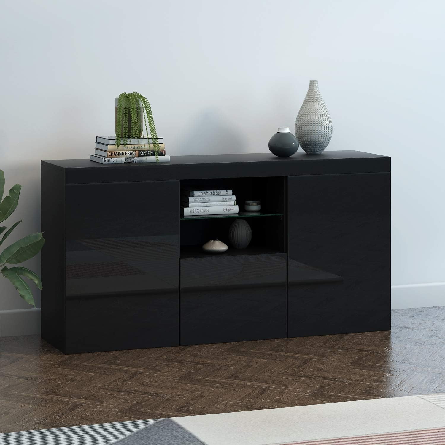 High Gloss Black Sideboard Cabinet with LED Lights 3 Doors Storage Unit