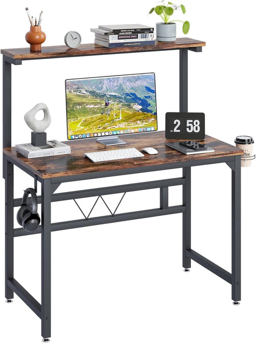 Rustic Brown Gaming Desk 100cm w/Adjustable Monitor Stand & Cup Holder