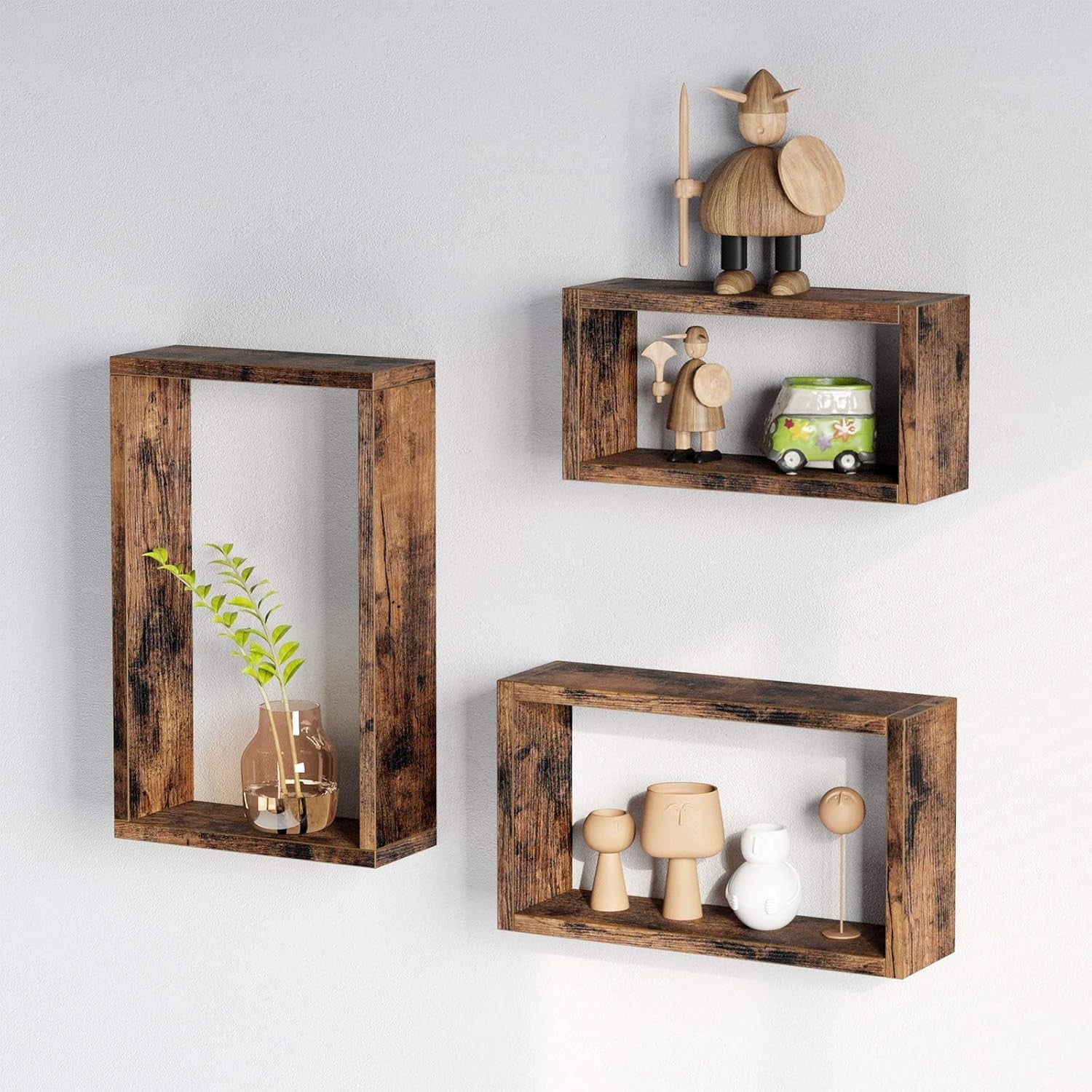 Rustic Wall Shelves Set of 3 Floating Wood Cube Display Storage Units