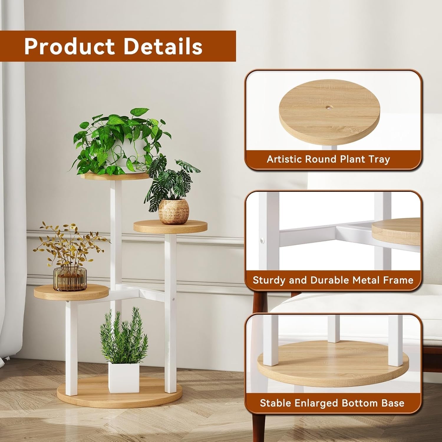 4 Tier White Metal Wood Plant Stand | Modern Corner Flower Pot Display Shelf