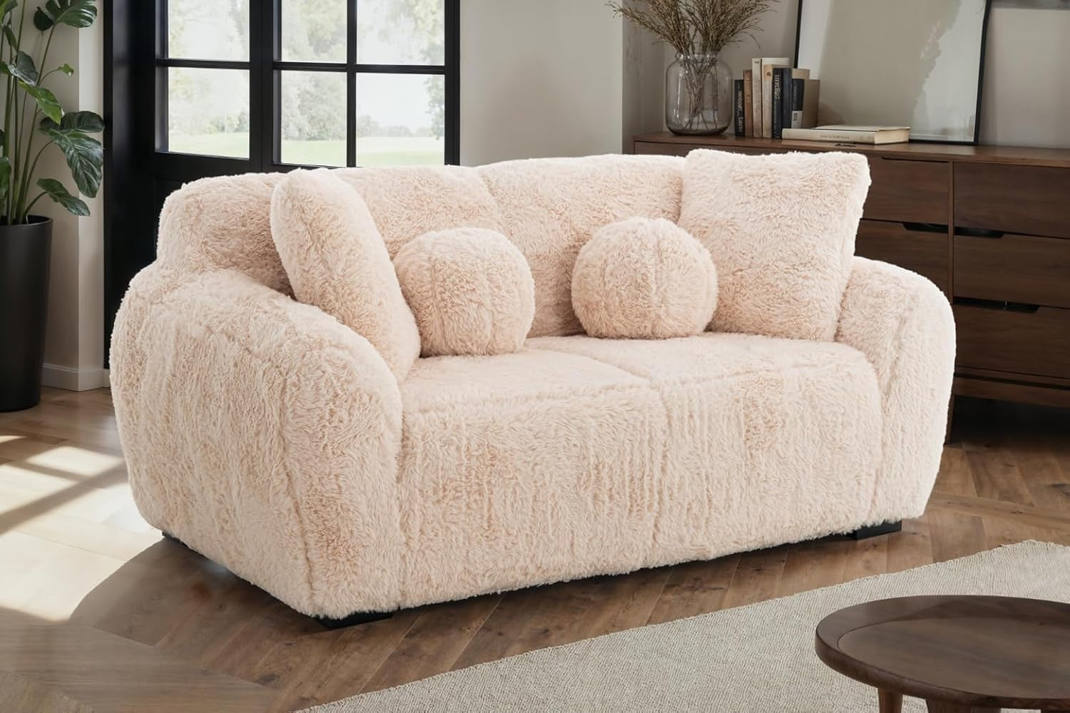 Teddy Sofa 2 Seater Cream Faux Fur, Deep Plush Seat, Fluffy Modern Couch
