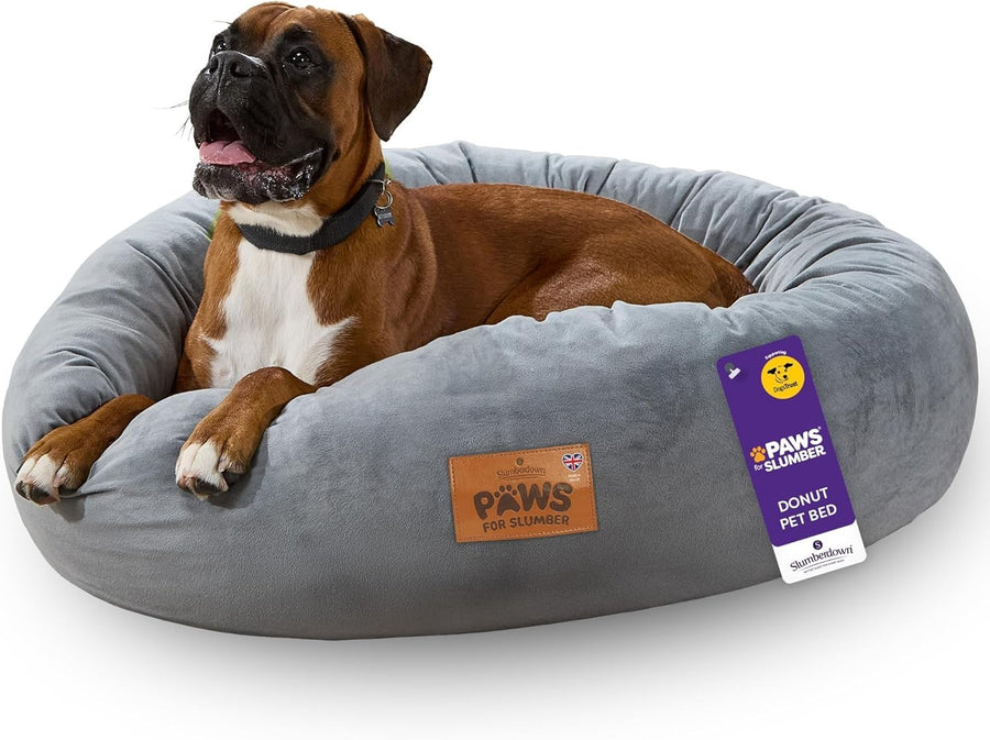 XL Calming Donut Dog Bed 85cm Washable Non Slip Grey