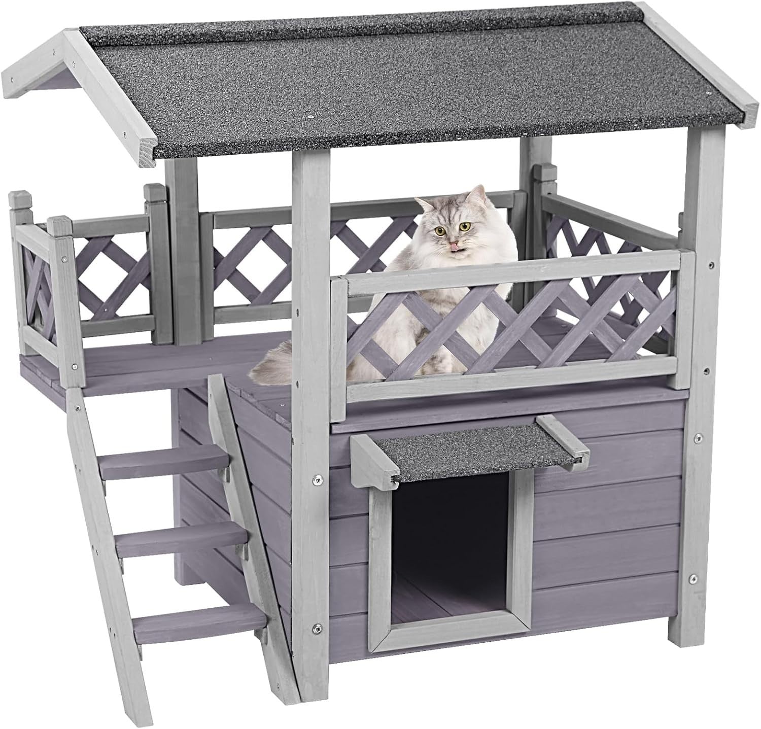 Weatherproof 2-Story Outdoor Cat House with Balcony & Side Stairs 30"L