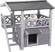 Weatherproof 2-Story Outdoor Cat House with Balcony & Side Stairs 30"L