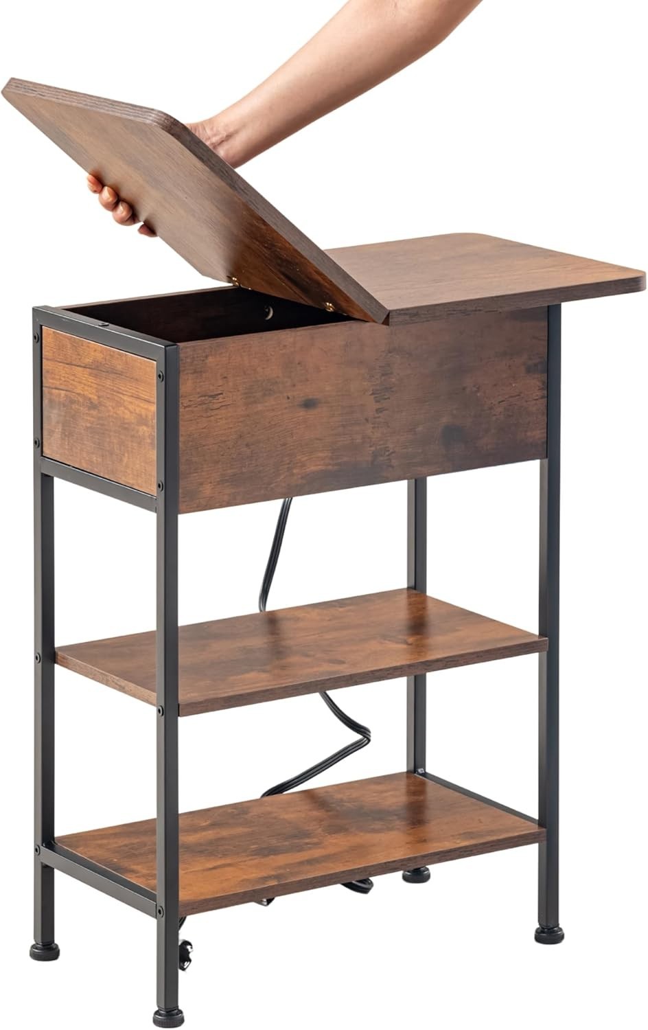 Slim Side Table with USB Ports Power Outlets & Storage, Industrial Brown