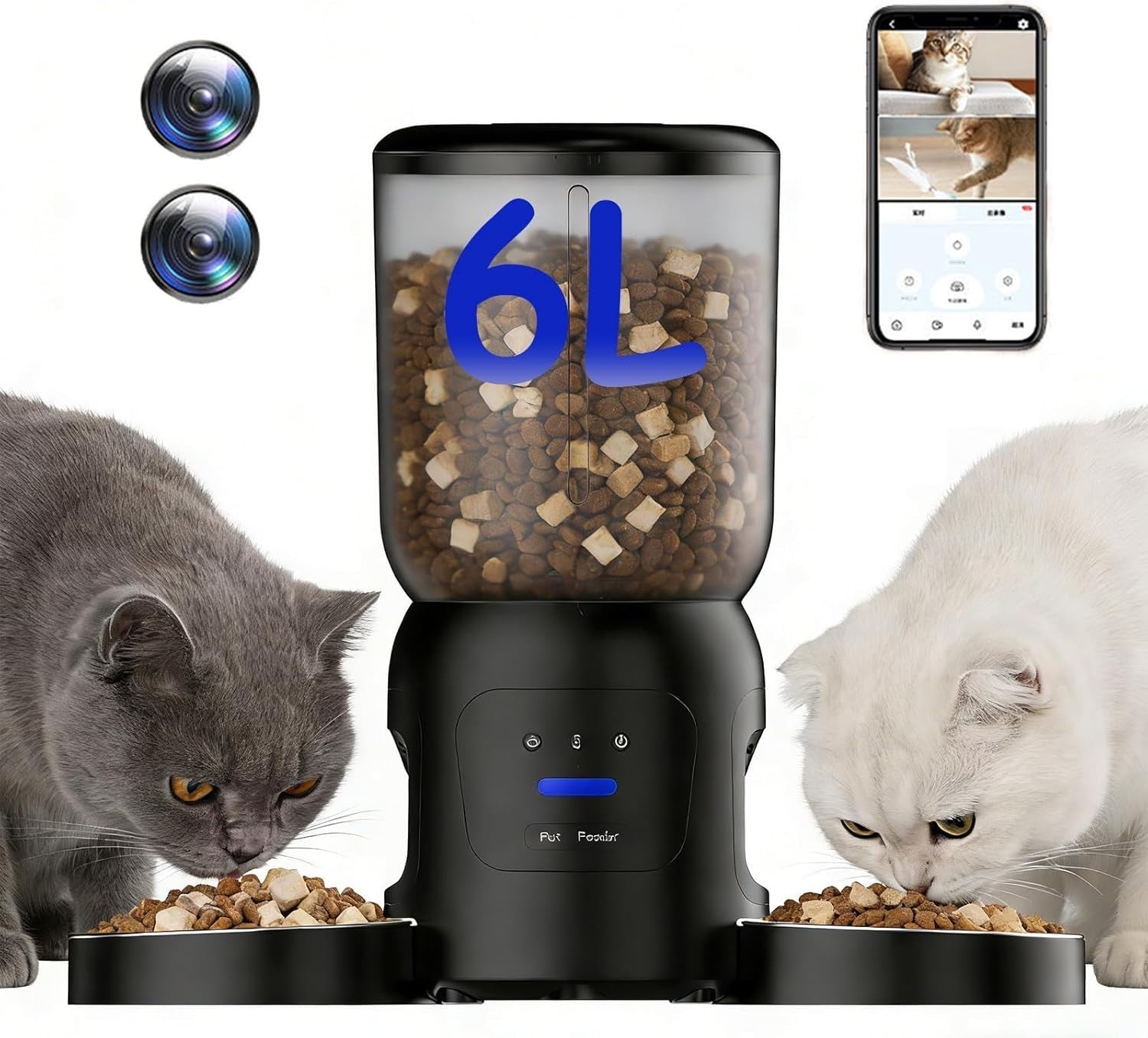 6L Smart Pet Feeder Dual Bowl 2K Camera WiFi App Auto Food Dispenser