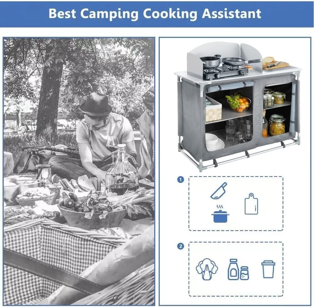 Portable Outdoor Camping Kitchen Cabinet with Windshield & 4 Shelves Storage