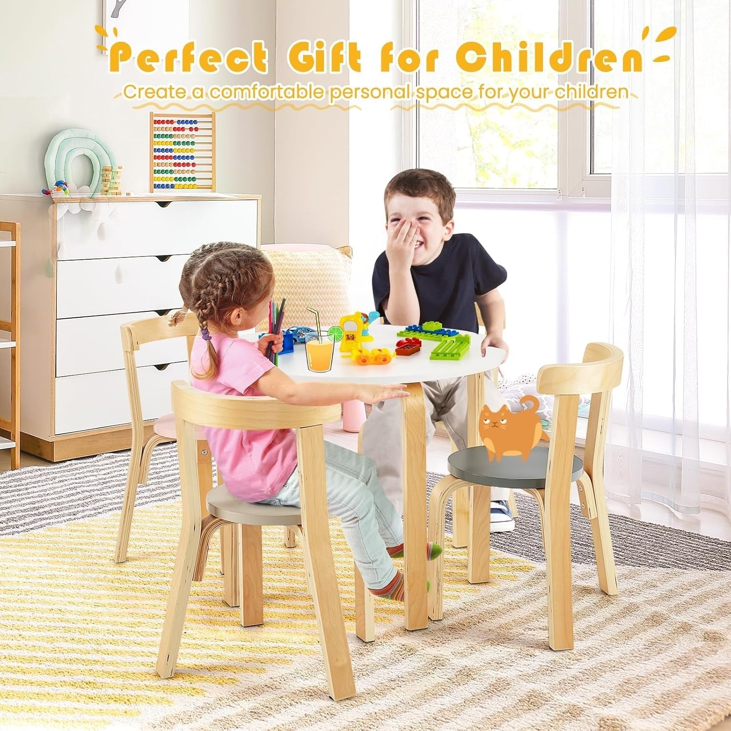 Kids 5-Piece Table & Chair Set, Wooden Round Activity Furniture for Play & Learn