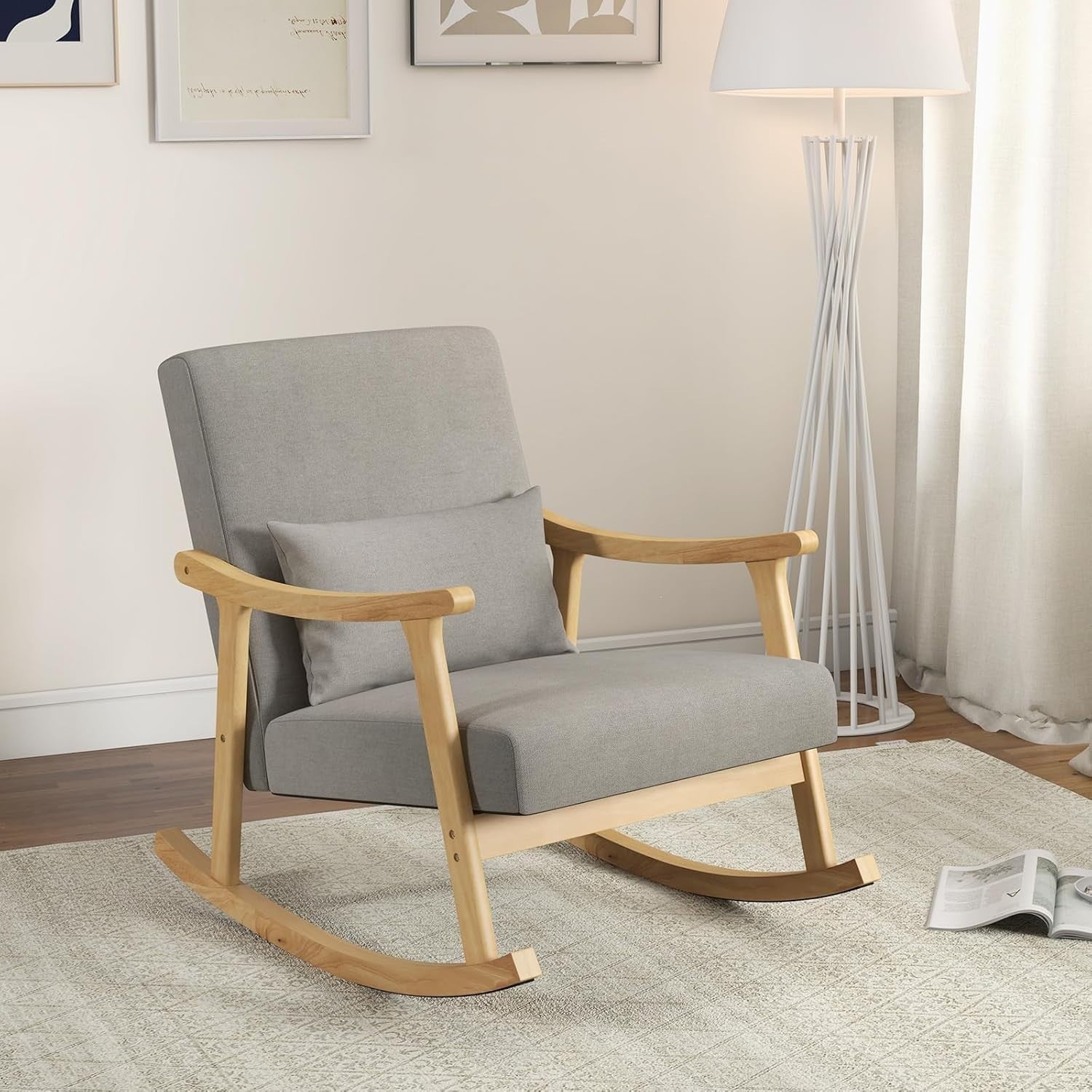 Modern Rocking Chair Wooden Frame Linen Seat, Comfy Lounge Armchair 88x65x82cm