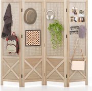 4 Panel Natural Wood Folding Room Divider with Pegboard Display for Home Office