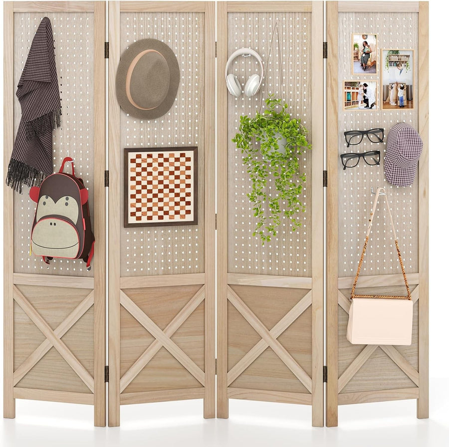 4 Panel Natural Wood Folding Room Divider with Pegboard Display for Home Office