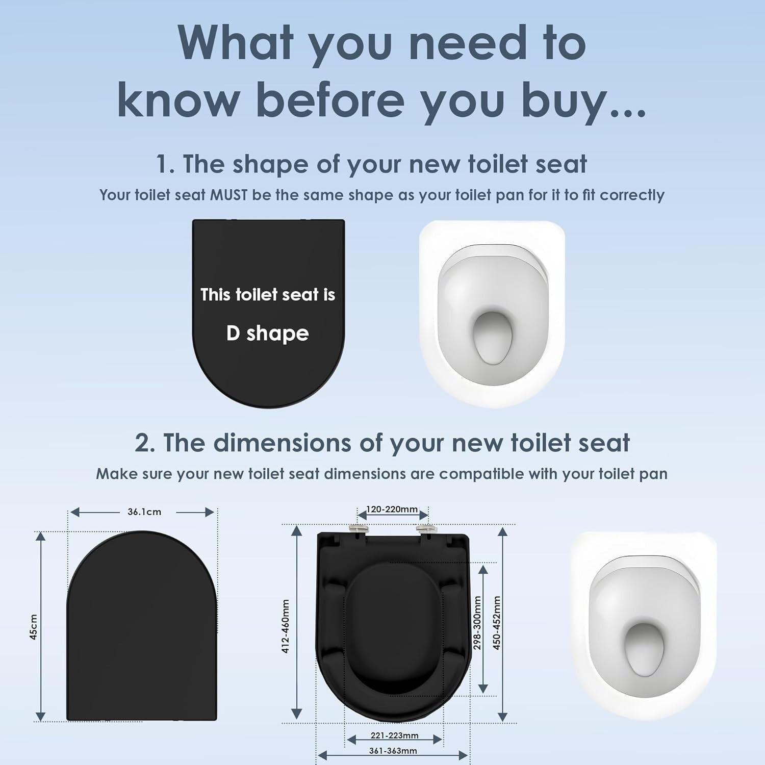 Black Duroplast Toilet Seat Soft Close D Shape Quick Release Easy Clean 45x37cm