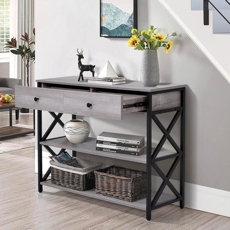 Rustic Grey Narrow Wooden Console Table with Drawers