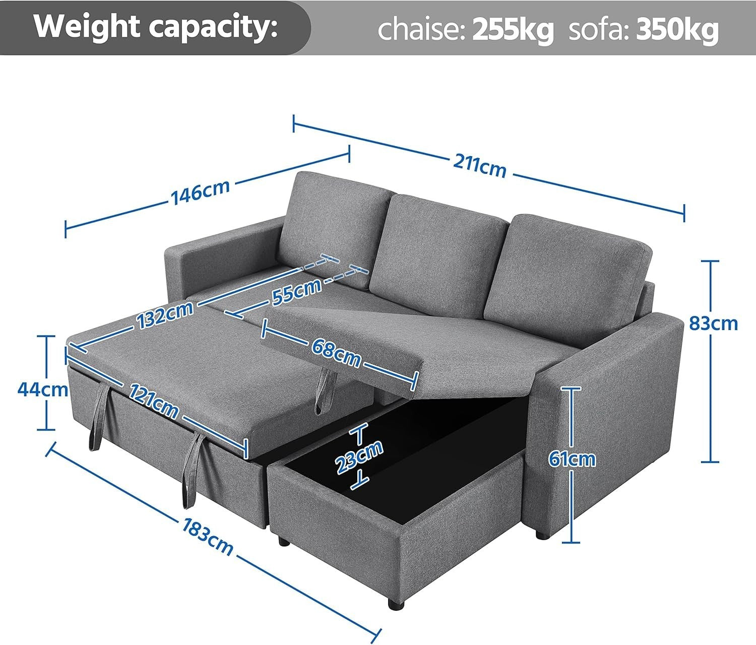 Light Grey L-Shaped Sofa Bed 3 Seater Pull Out Storage Sleeper Couch