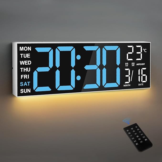 16" RGB Digital Wall Clock Large LED Display Temp Date Auto-DST Remote Dimmer