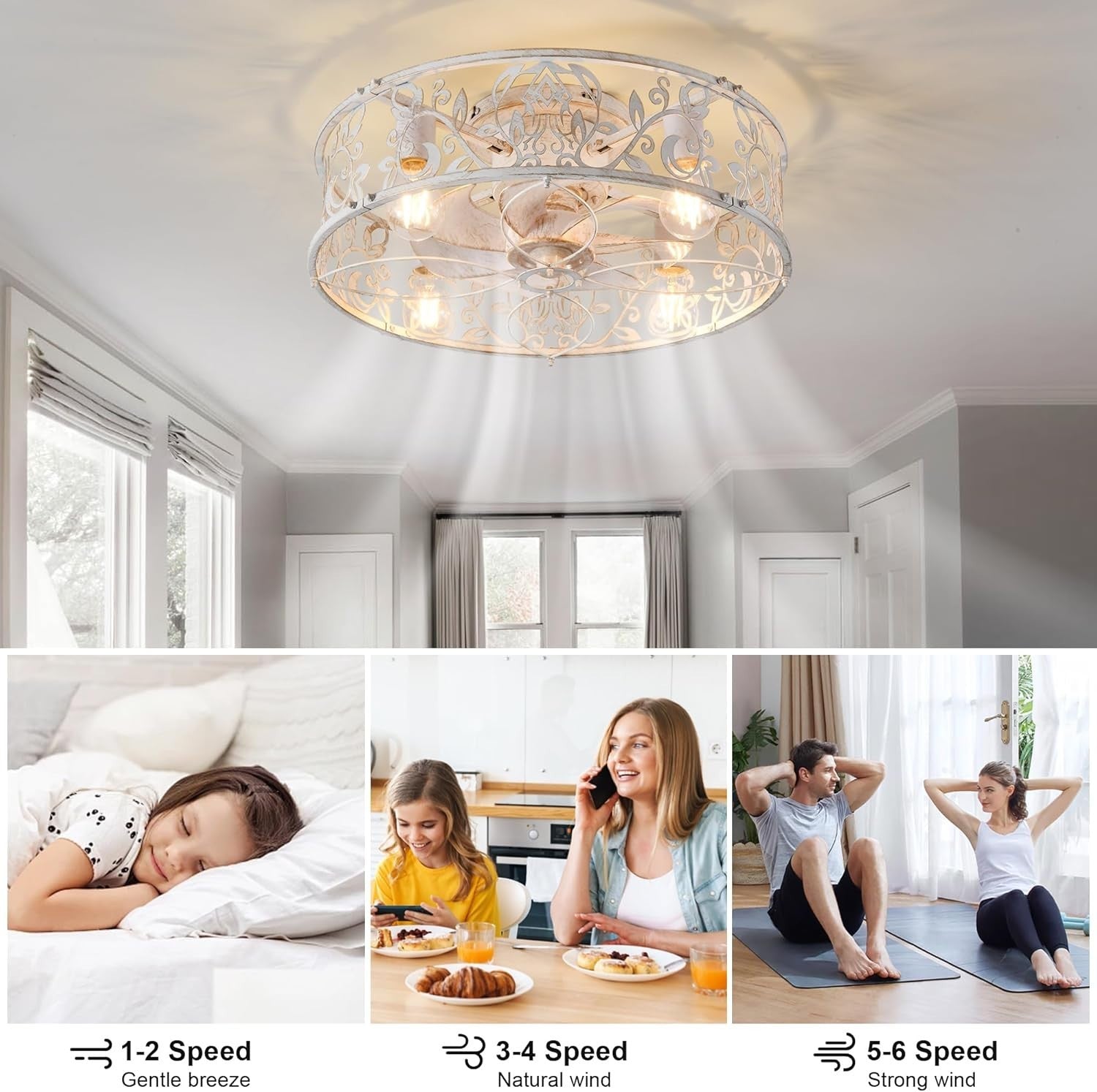 Caged Ceiling Fan with Light 51CM, 6-Speed, E27, APP, Remote, WhiteGaneed