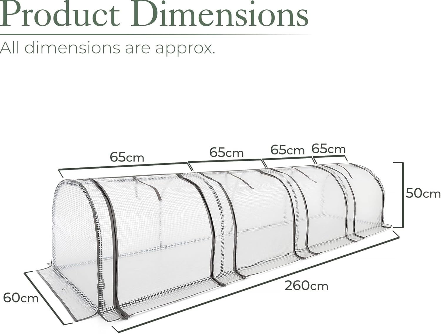 4-Section Grow Tunnel Greenhouse 2.6m with Reinforced PVC Mesh Cover & Doors