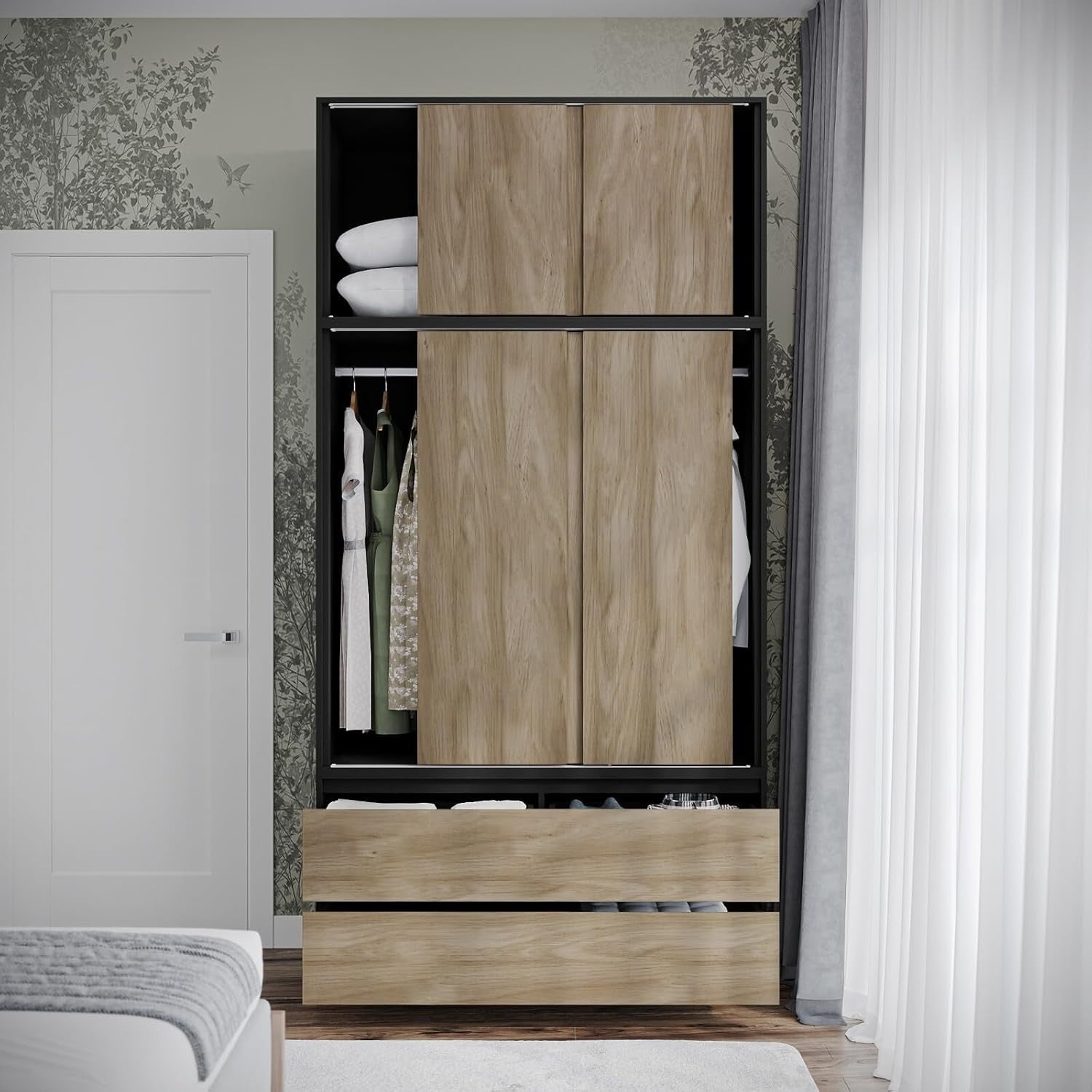Oak Sliding Door Wardrobe 6 Doors 4 Drawers 240cm Modern Bedroom Closet