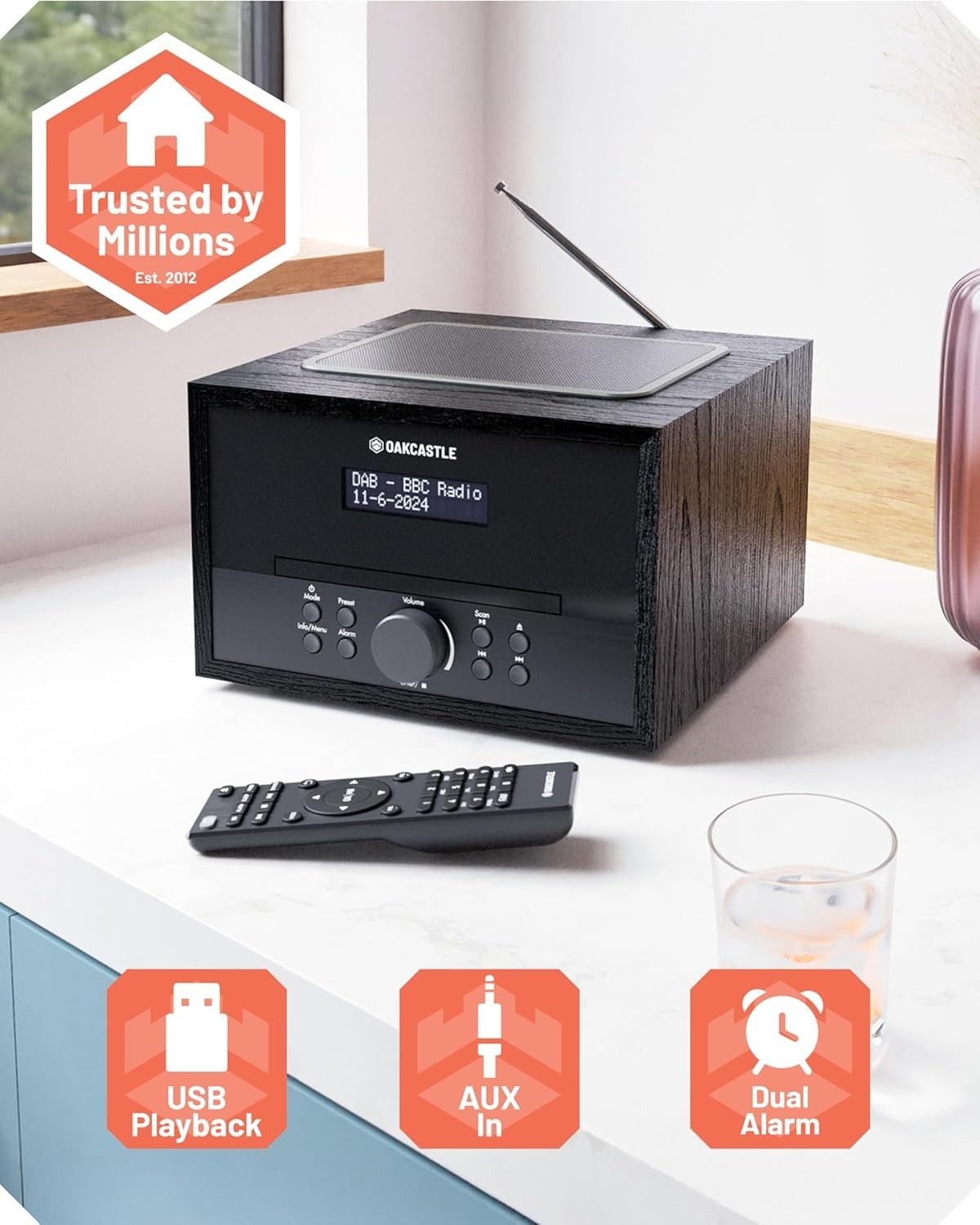 Bluetooth DAB+ CD Player Stereo System 40W | USB AUX FM | Dual Alarm Remote