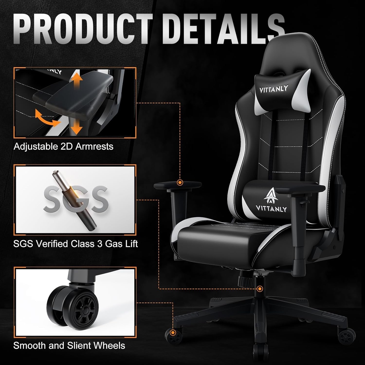 Ergonomic Gaming Chair Reclining Swivel Lumbar White