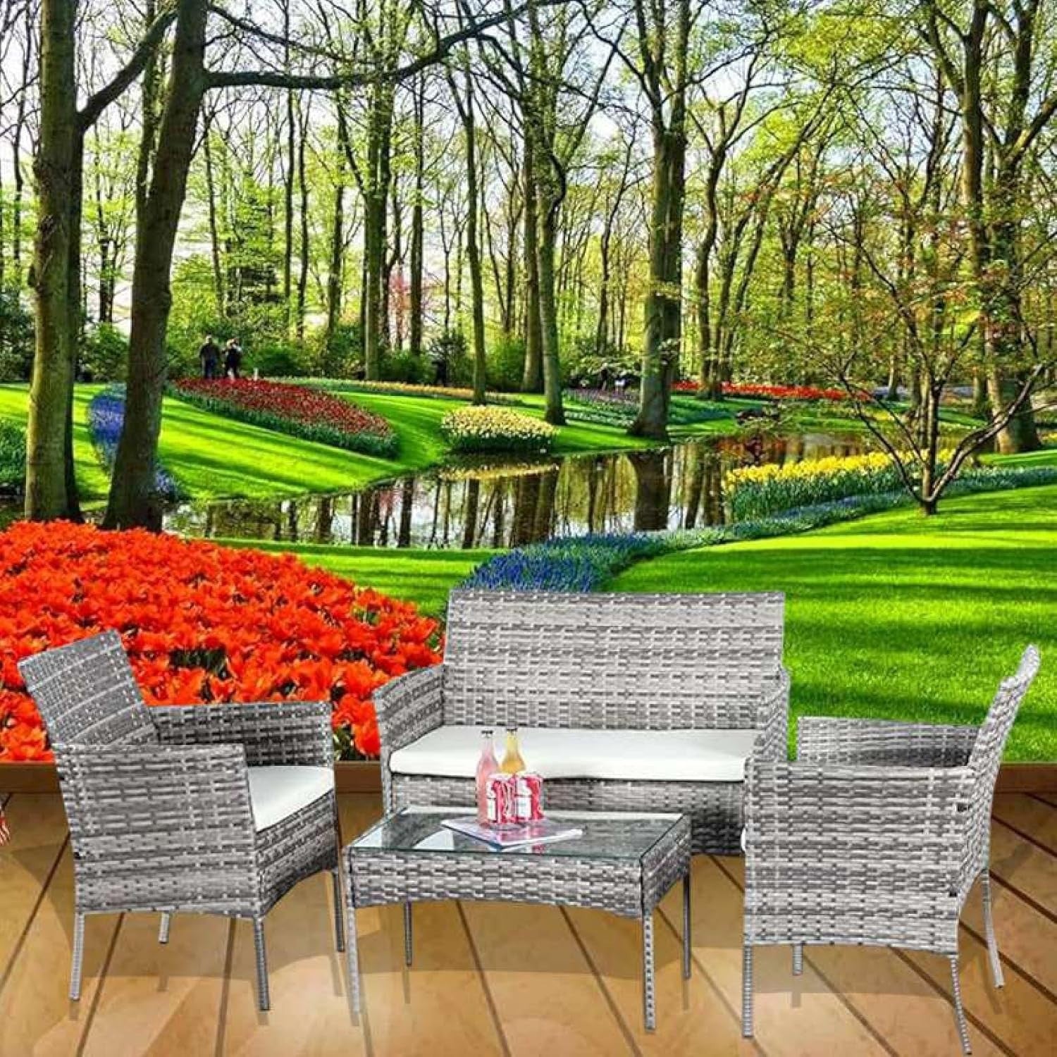 4-Piece Mix Grey Rattan Garden Patio Sofa Set with Tempered Glass Table