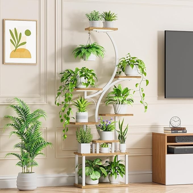 8 Tier S-Shaped Metal Plant Stand with Grow Lights Indoor Outdoor White