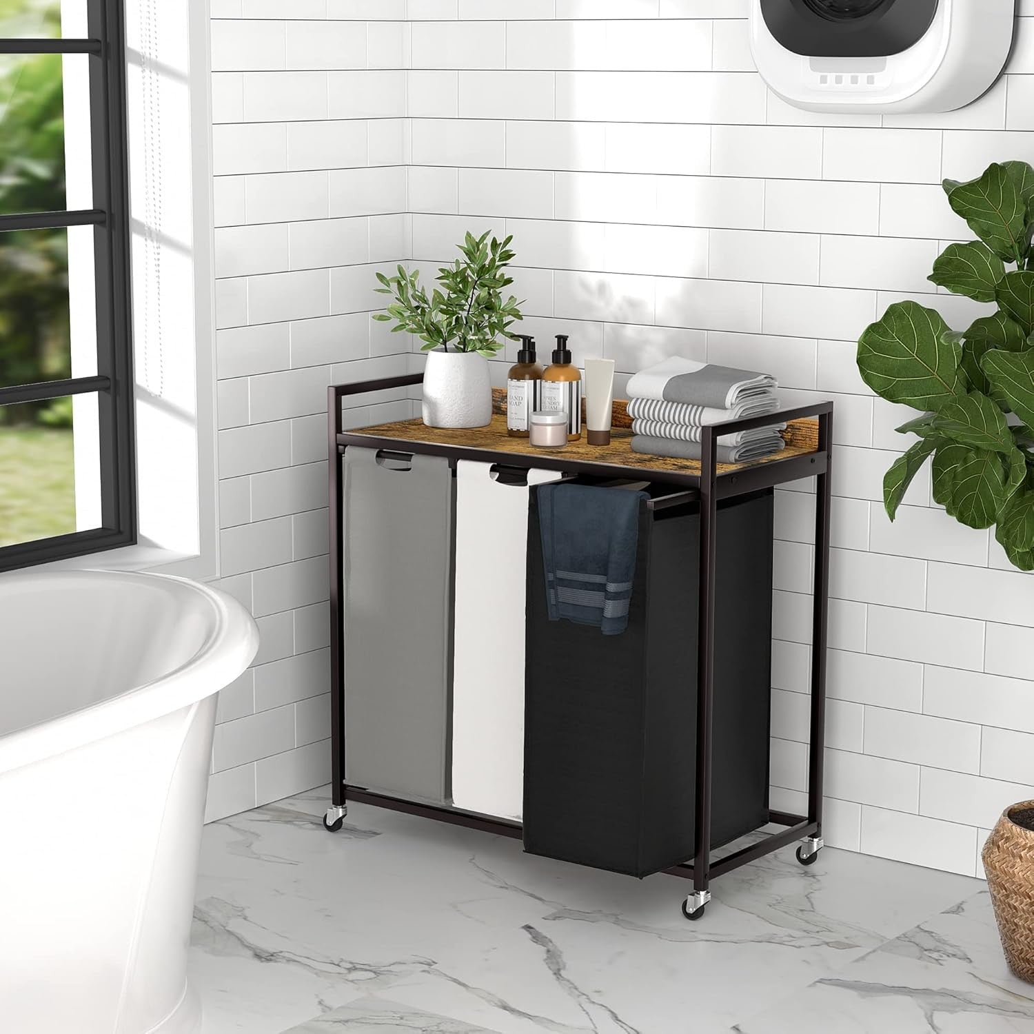 3 Section Laundry Hamper with Shelf Removable Bags Wheels Rustic Brown 180L