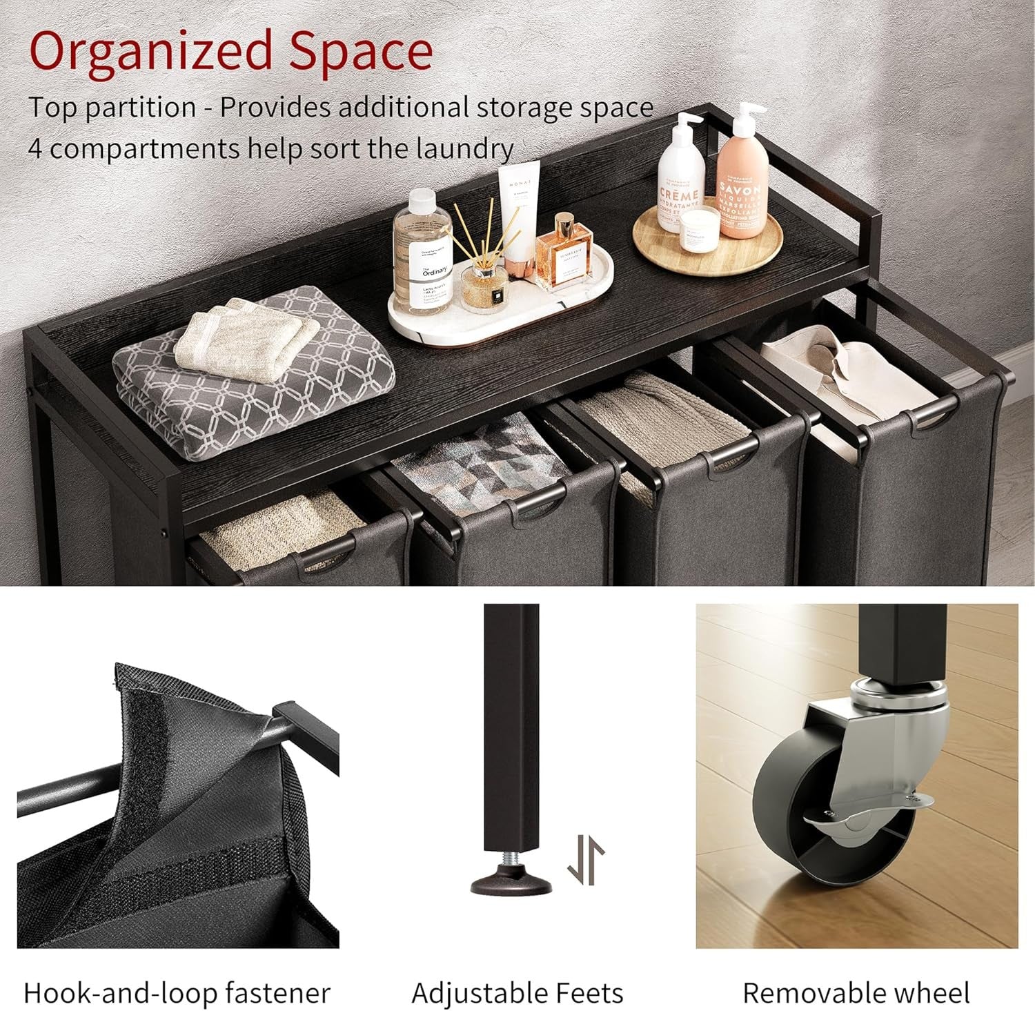 4 Section Laundry Hamper with Shelf Removable Bags Wheels Black Grey 240L